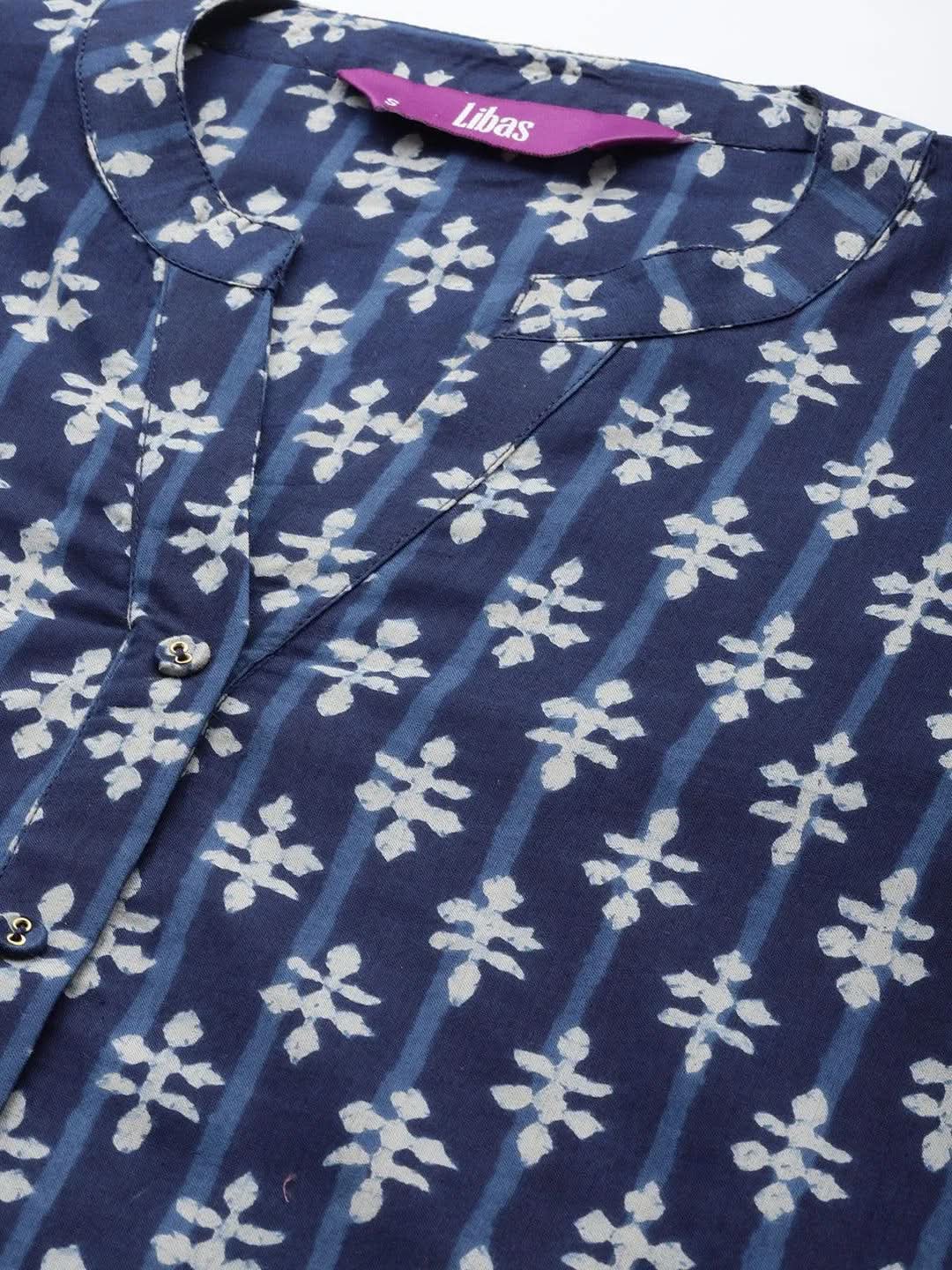 Blue Printed Cotton Straight Kurta - Libas