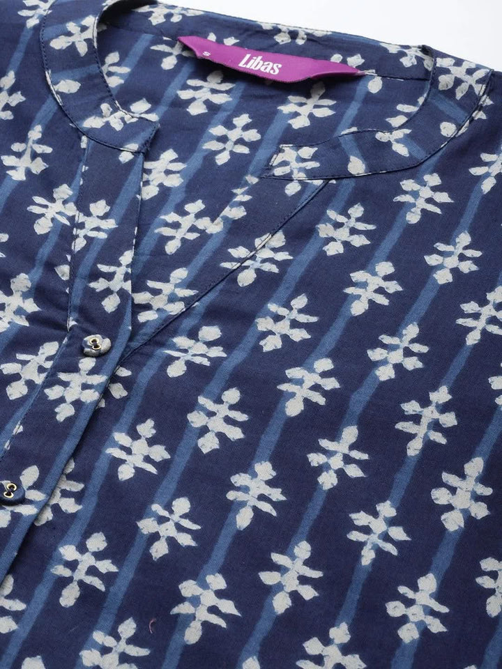 Blue Printed Cotton Straight Kurta - Libas