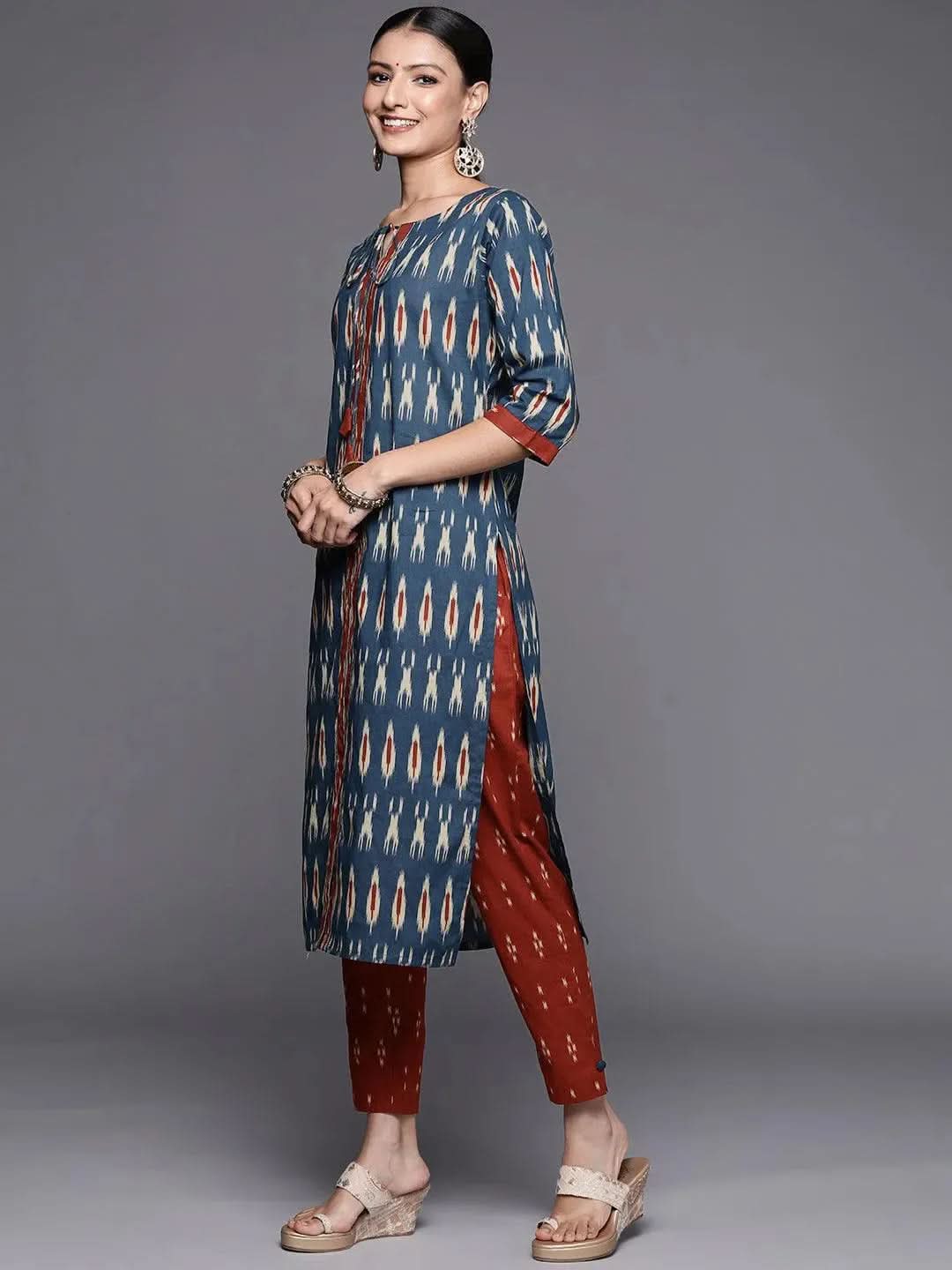 Blue Printed Cotton Straight Suit Set - Libas