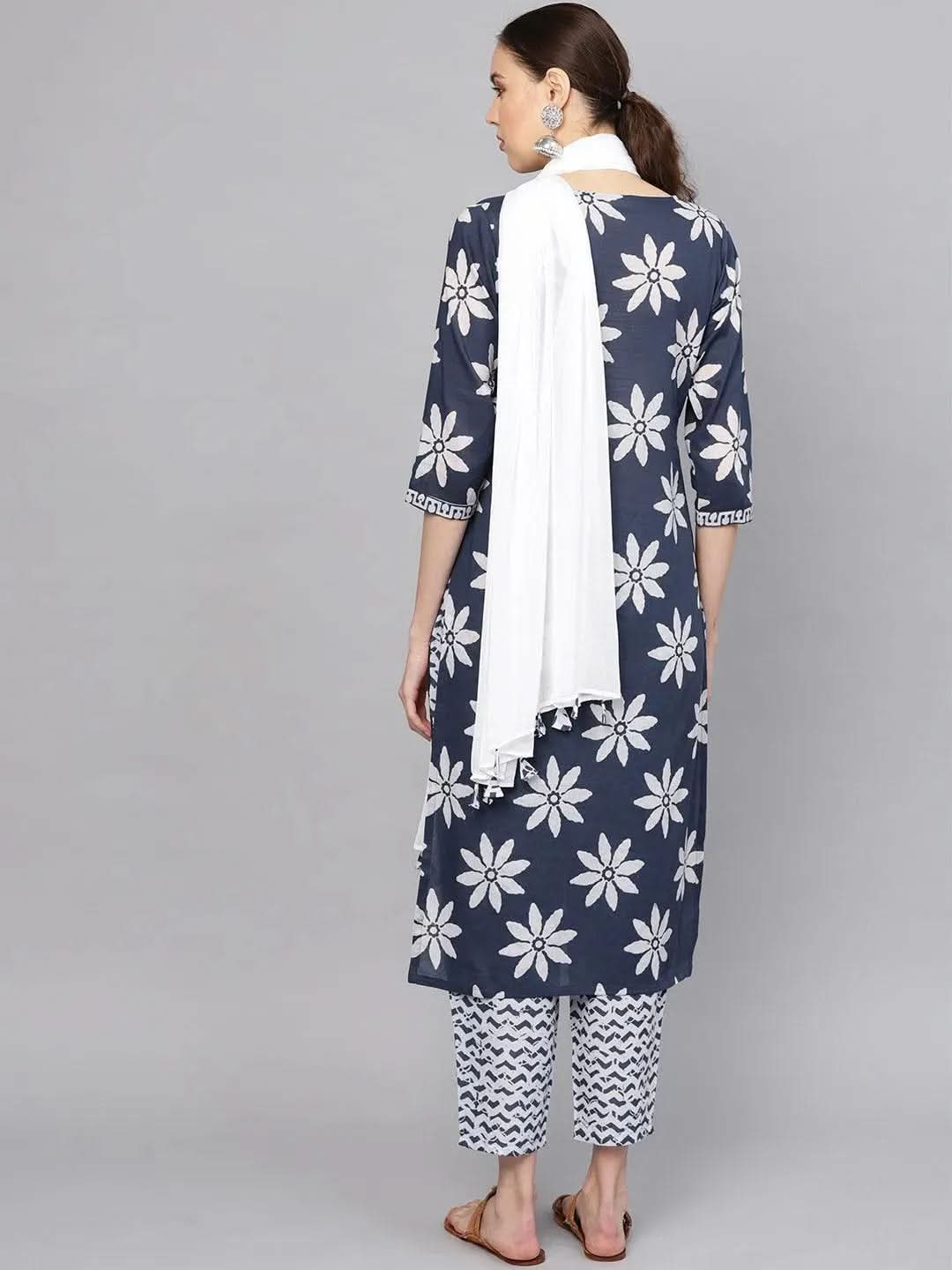Blue Printed Cotton Suit Set - Libas
