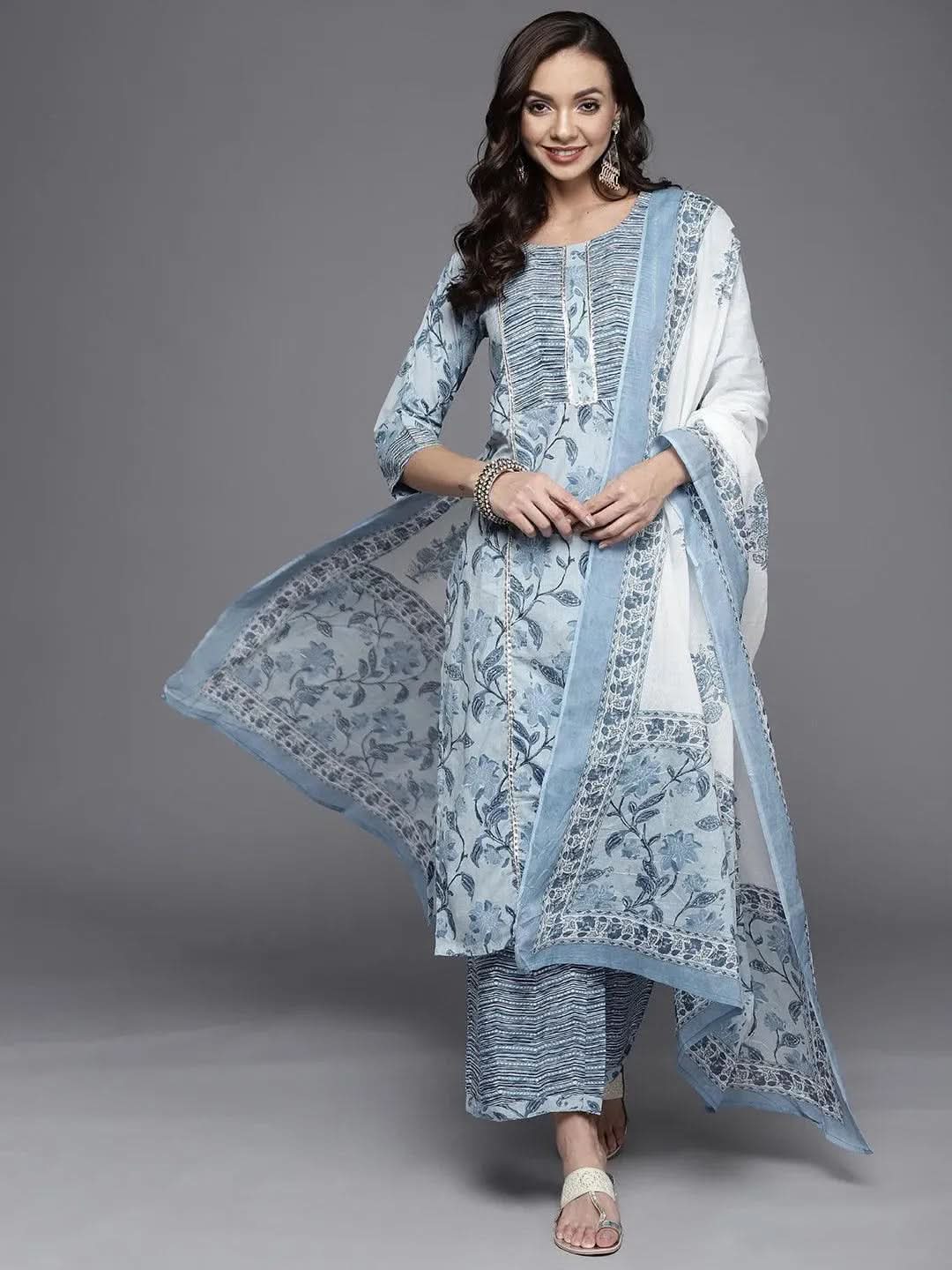 Blue Printed Cotton Straight Kurta With Palazzos & Dupatta
Blue Printed Cotton Straight Kurta With Palazzos & Dupatta