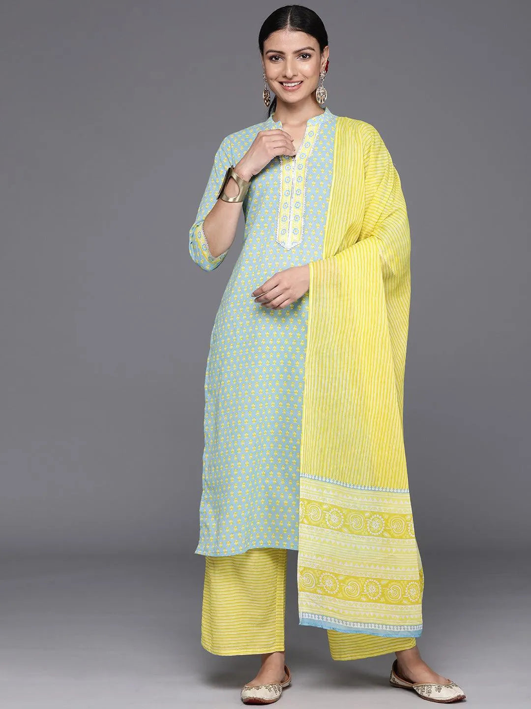 Blue Printed Cotton Straight Kurta With Palazzos & Dupatta Online at Rs.1319 | Libas