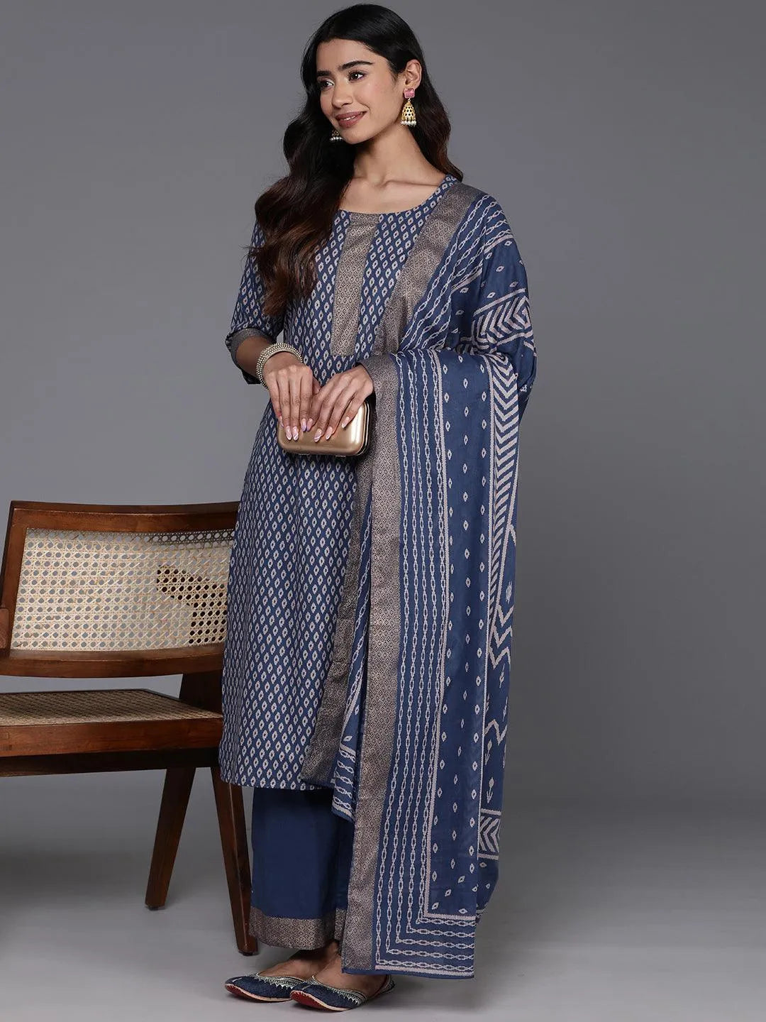 Blue Printed Cotton Straight Kurta With Palazzos & Dupatta - Libas