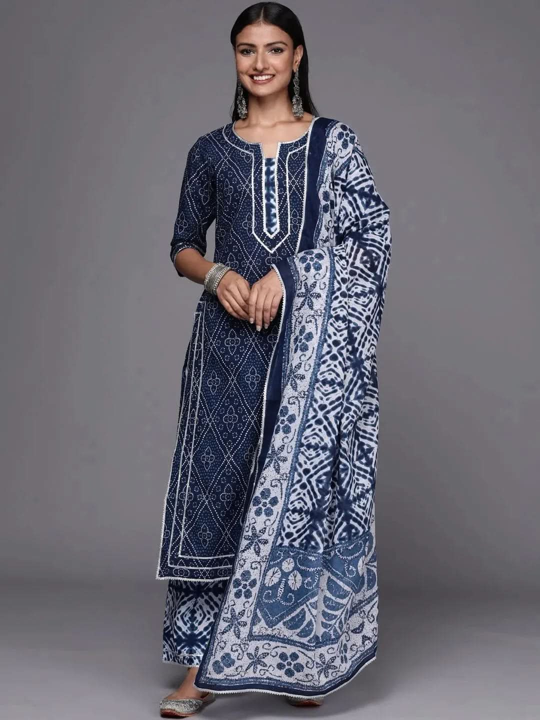 Blue Printed Cotton Straight Suit Set - Libas