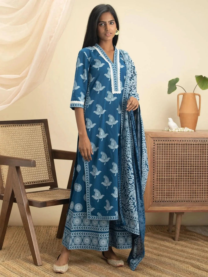 Blue Printed Cotton Suit Set - Libas
