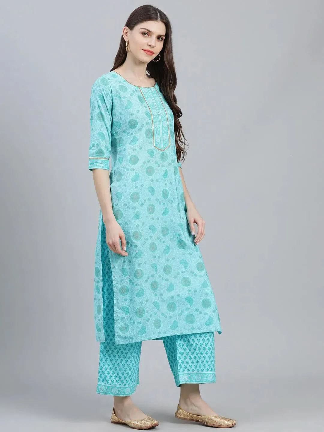 Blue Printed Cotton Straight Kurta With Palazzos & Dupatta 
Blue Printed Cotton Straight Kurta With Palazzos & Dupatta