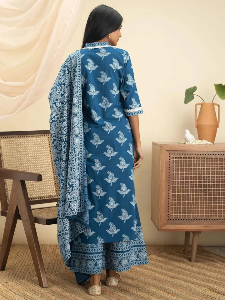 Blue Printed Cotton Suit Set - Libas