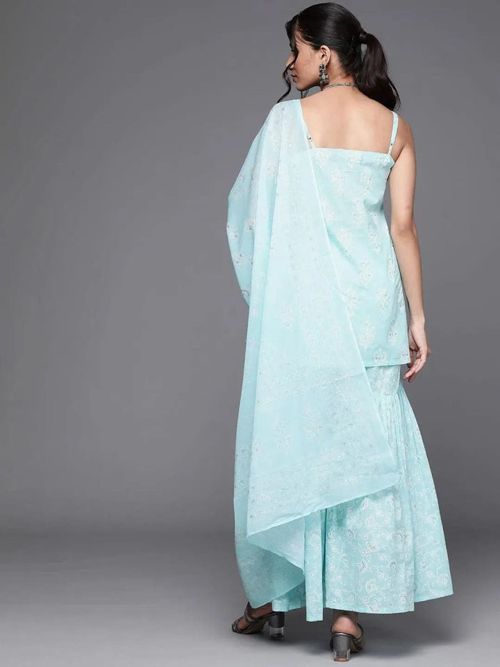 Blue Printed Cotton Straight Kurta With Sharara & Dupatta - Libas