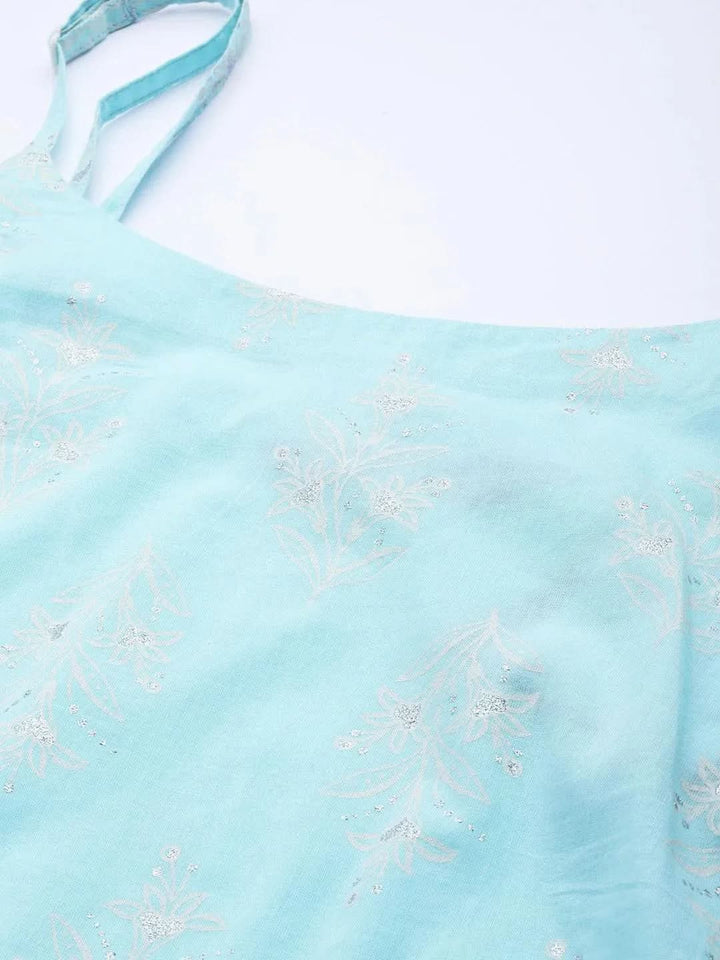 Blue Printed Cotton Straight Kurta With Sharara & Dupatta - Libas