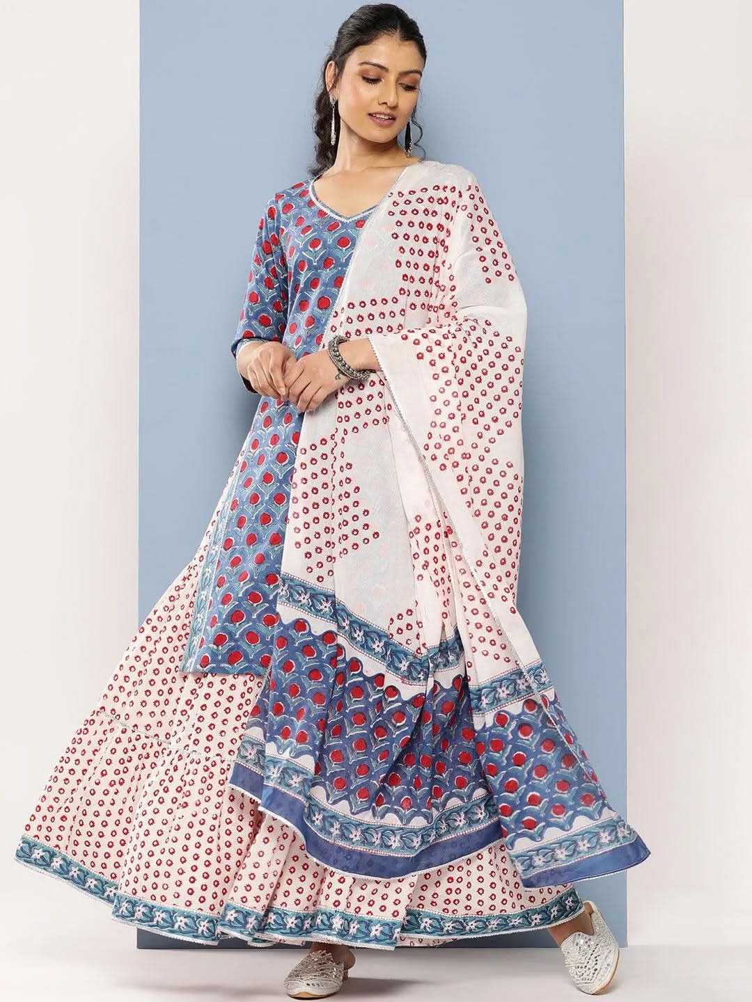 Blue Printed Cotton Straight Kurta With Skirt & Dupatta
Blue Printed Cotton Straight Kurta With Skirt & Dupatta