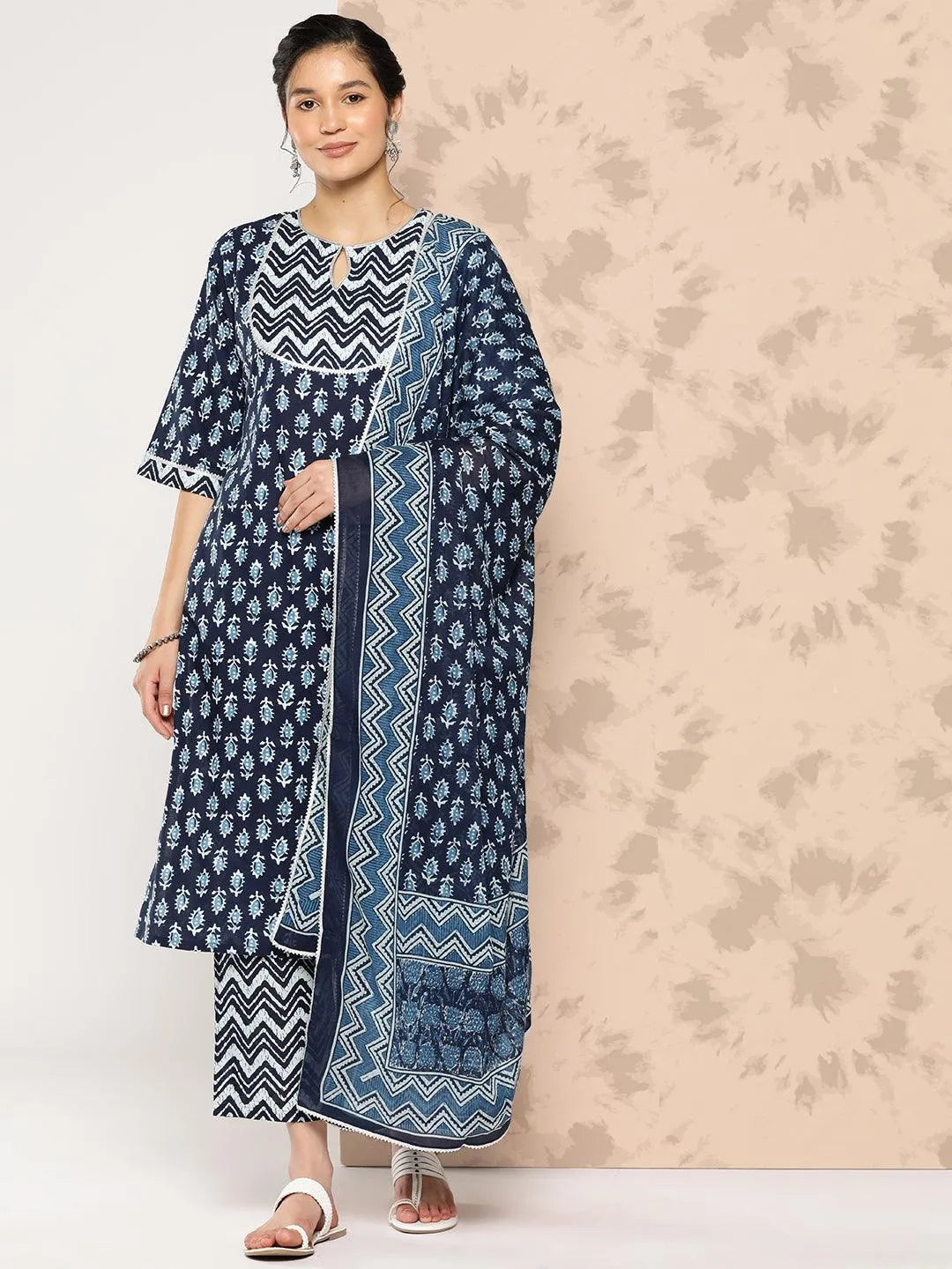 Blue Printed Cotton Straight Kurta With Trousers and Dupatta - Libas