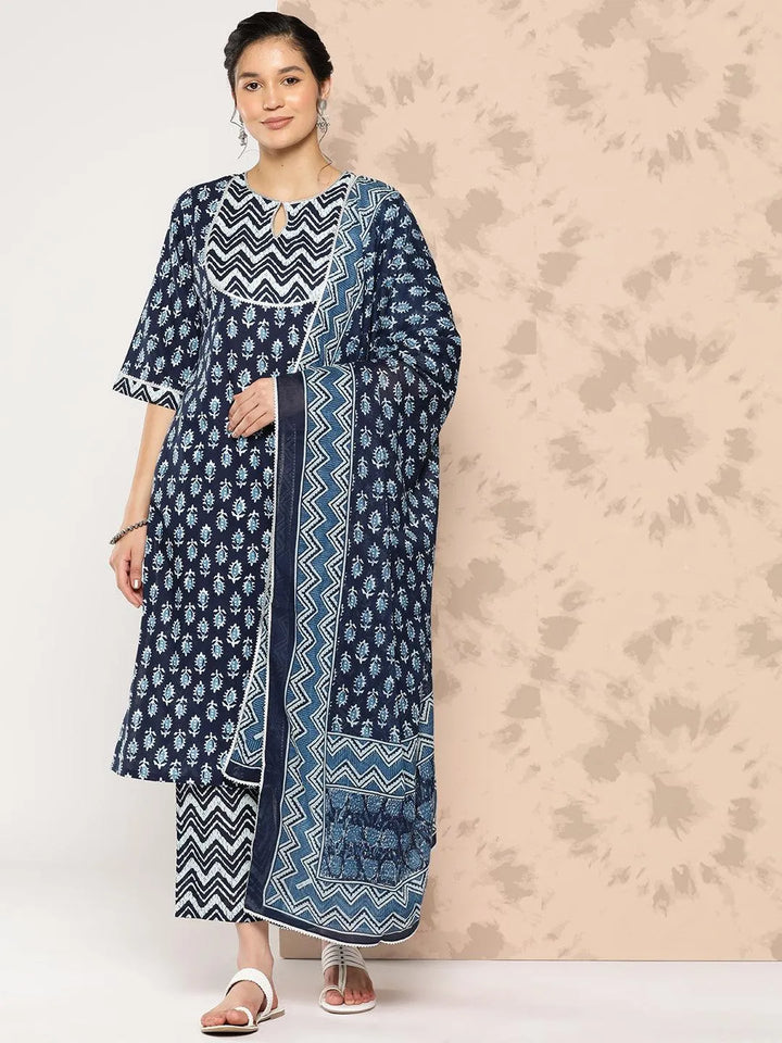 Blue Printed Cotton Straight Kurta With Trousers and Dupatta - Libas