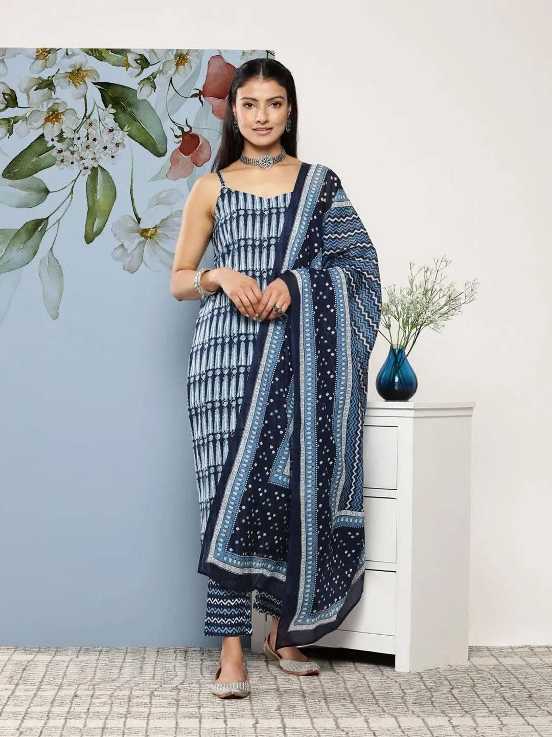 Blue Printed Cotton Suit Set With Trousers - Libas