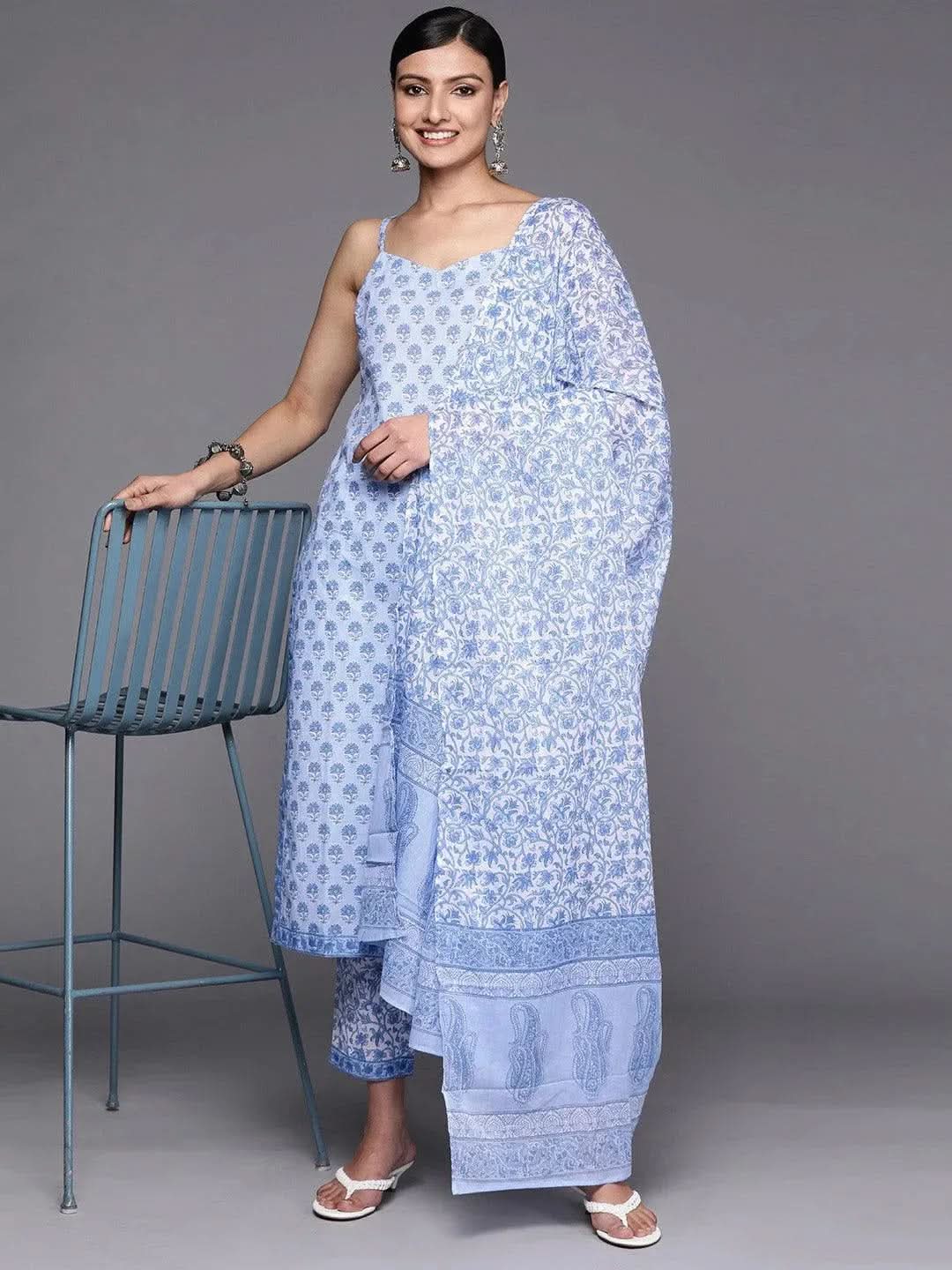 Blue Printed Cotton Straight Kurta With Trousers & Dupatta
Blue Printed Cotton Straight Kurta With Trousers & Dupatta