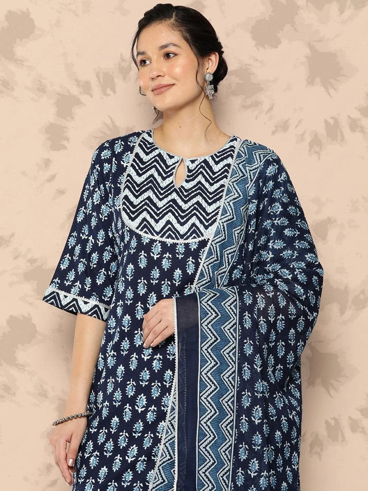 Blue Printed Cotton Straight Kurta With Trousers and Dupatta - Libas