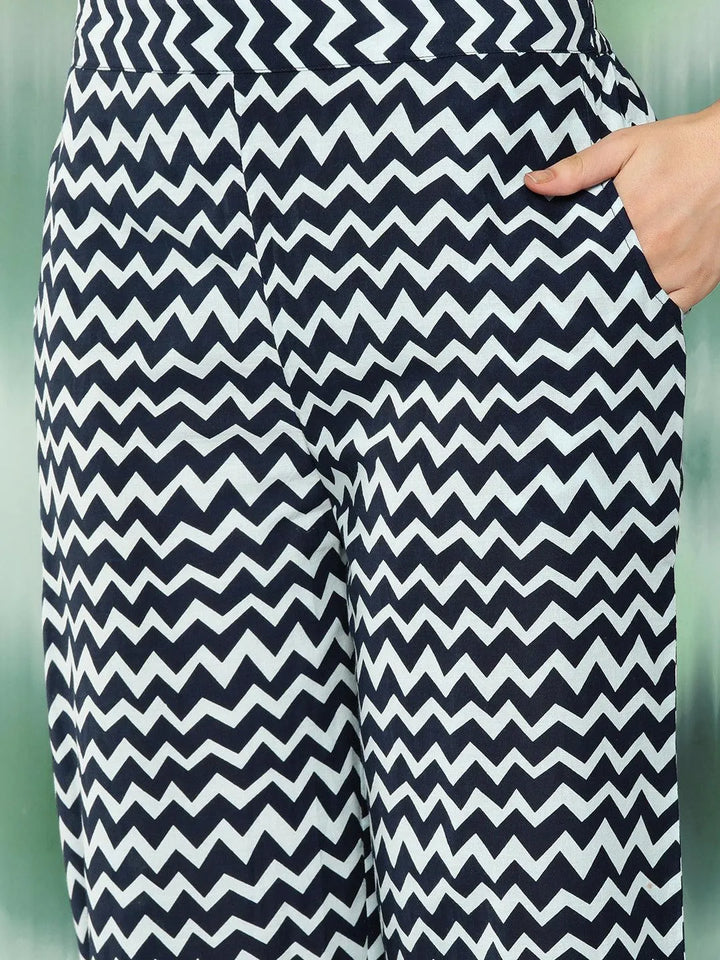 Blue Printed Cotton Straight Kurta With Trousers and Dupatta - Libas