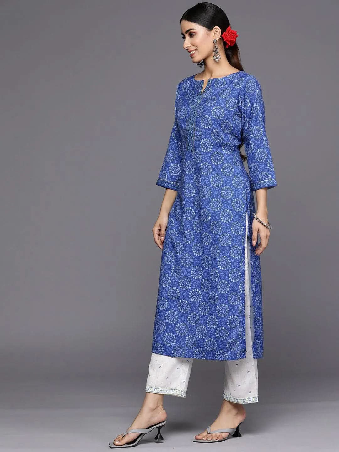 Blue Printed Cotton Straight Kurta Set With Trousers - Libas