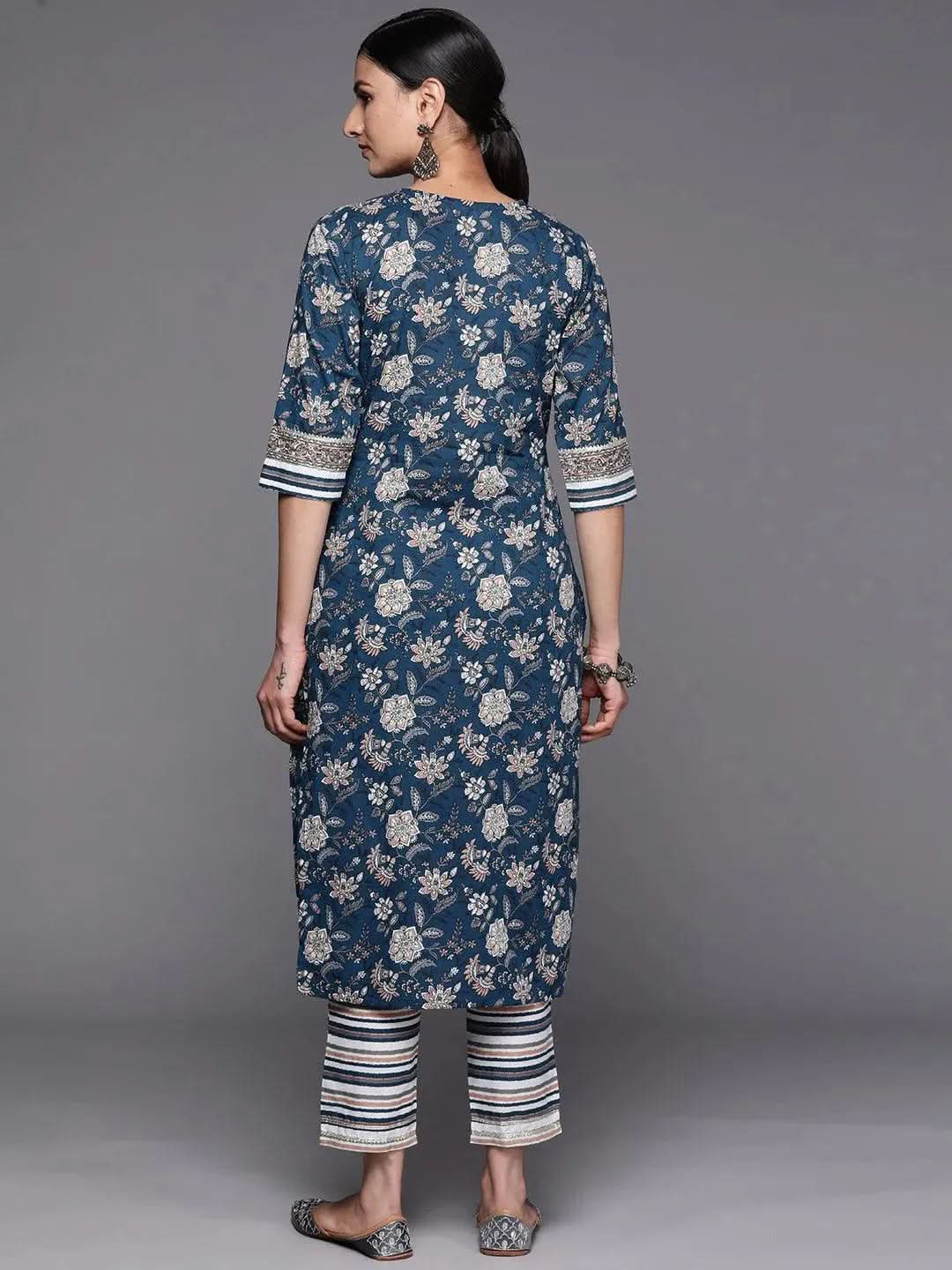 Blue Printed Cotton Straight Kurta Set With Trousers - Libas