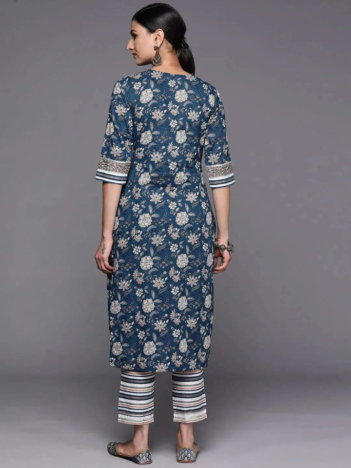 Blue Printed Cotton Straight Kurta Set With Trousers - Libas