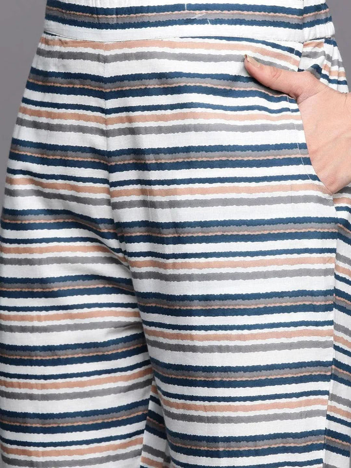 Blue Printed Cotton Straight Kurta Set With Trousers - Libas