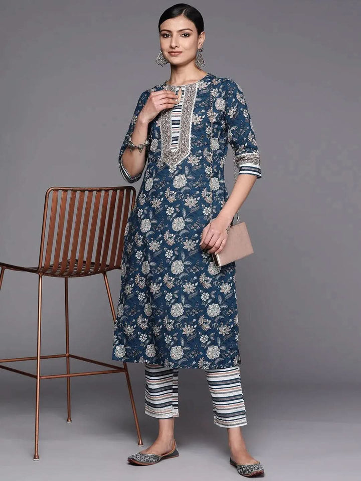Blue Printed Cotton Straight Kurta Set With Trousers - Libas
