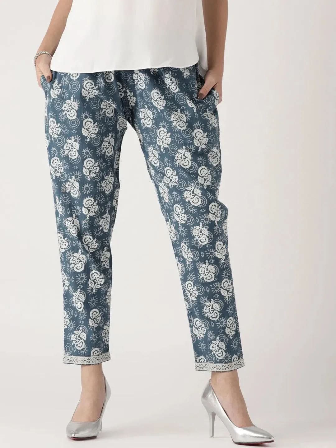 Blue Printed Cotton Trousers - Libas