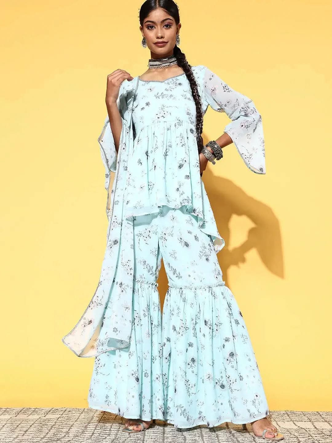 Blue Printed Georgette A-Line Suit Set - Libas