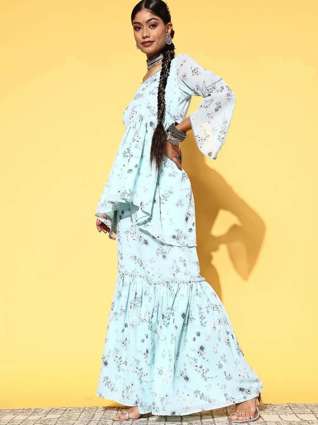 Blue Printed Georgette A-Line Suit Set - Libas