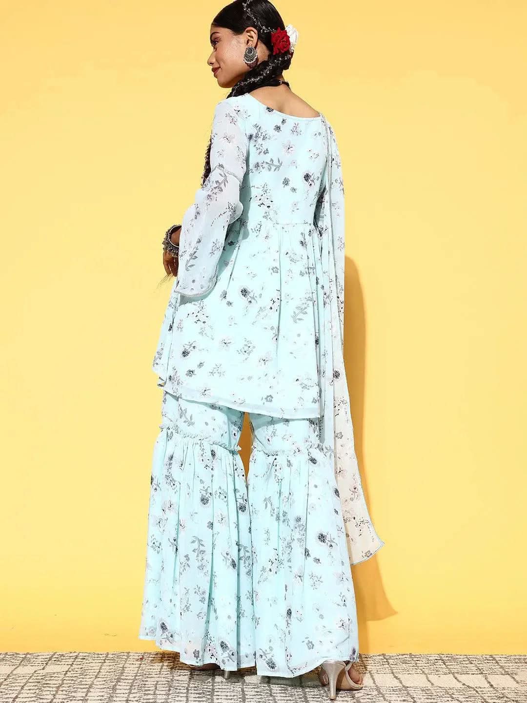 Blue Printed Georgette A-Line Suit Set - Libas