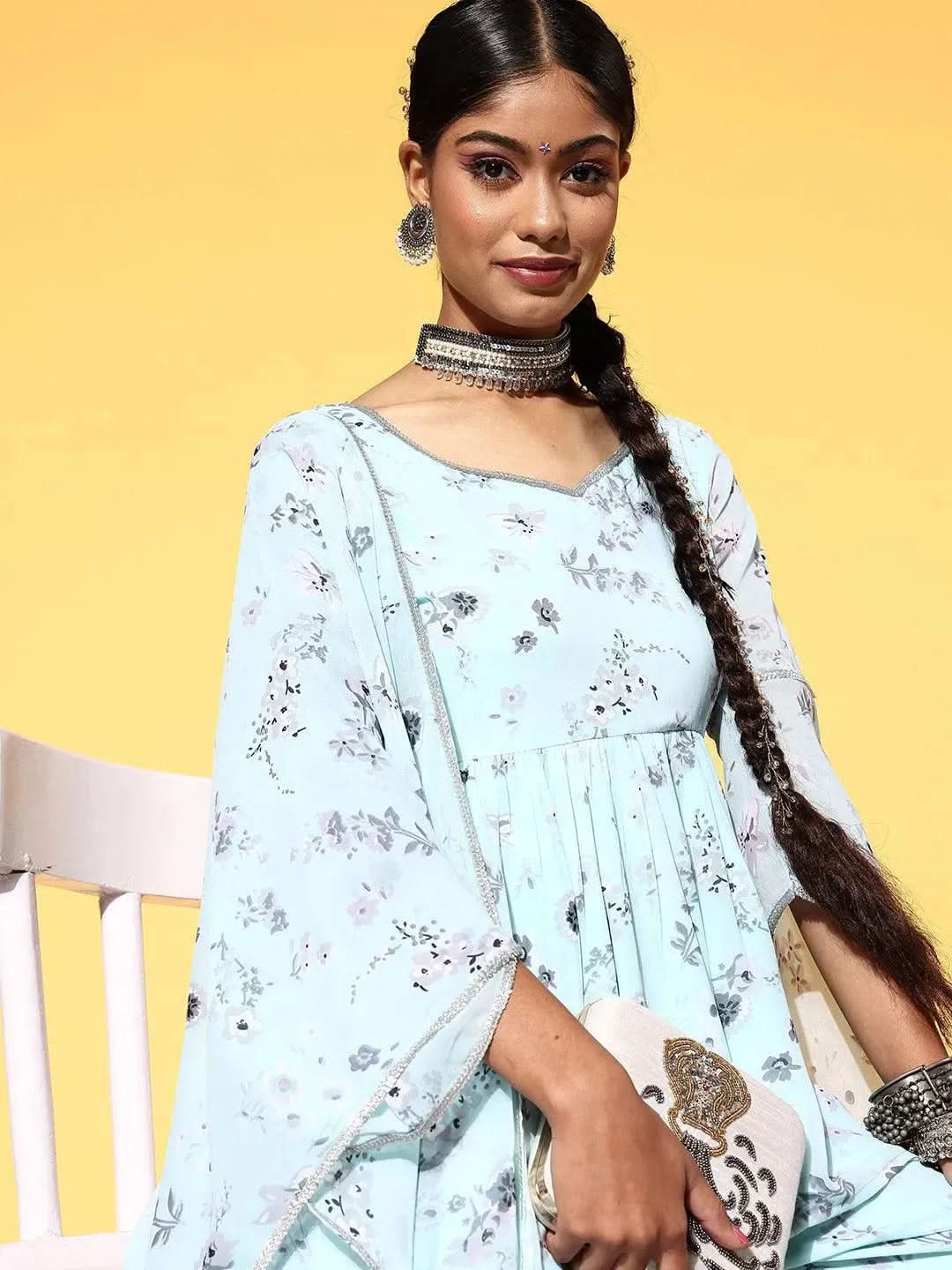 Blue Printed Georgette A-Line Suit Set - Libas