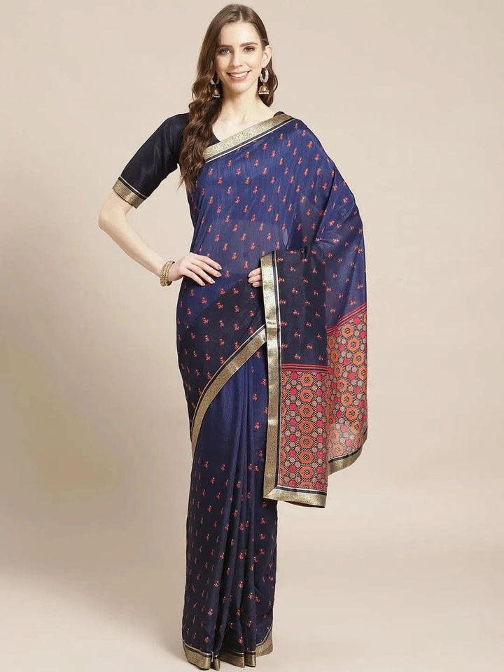 Blue Printed Polyester Saree - Libas