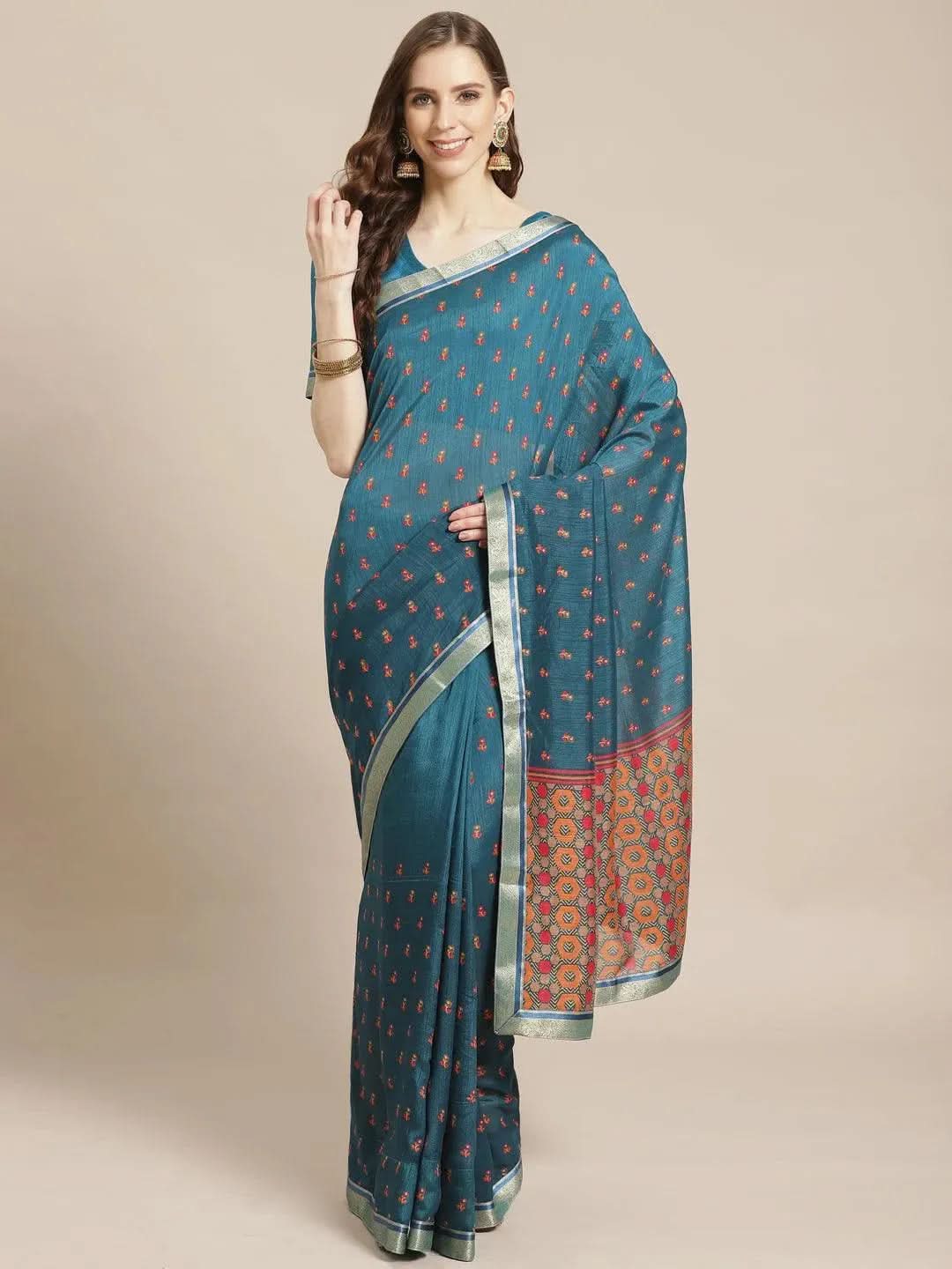 Blue Printed Polyester Saree - Libas