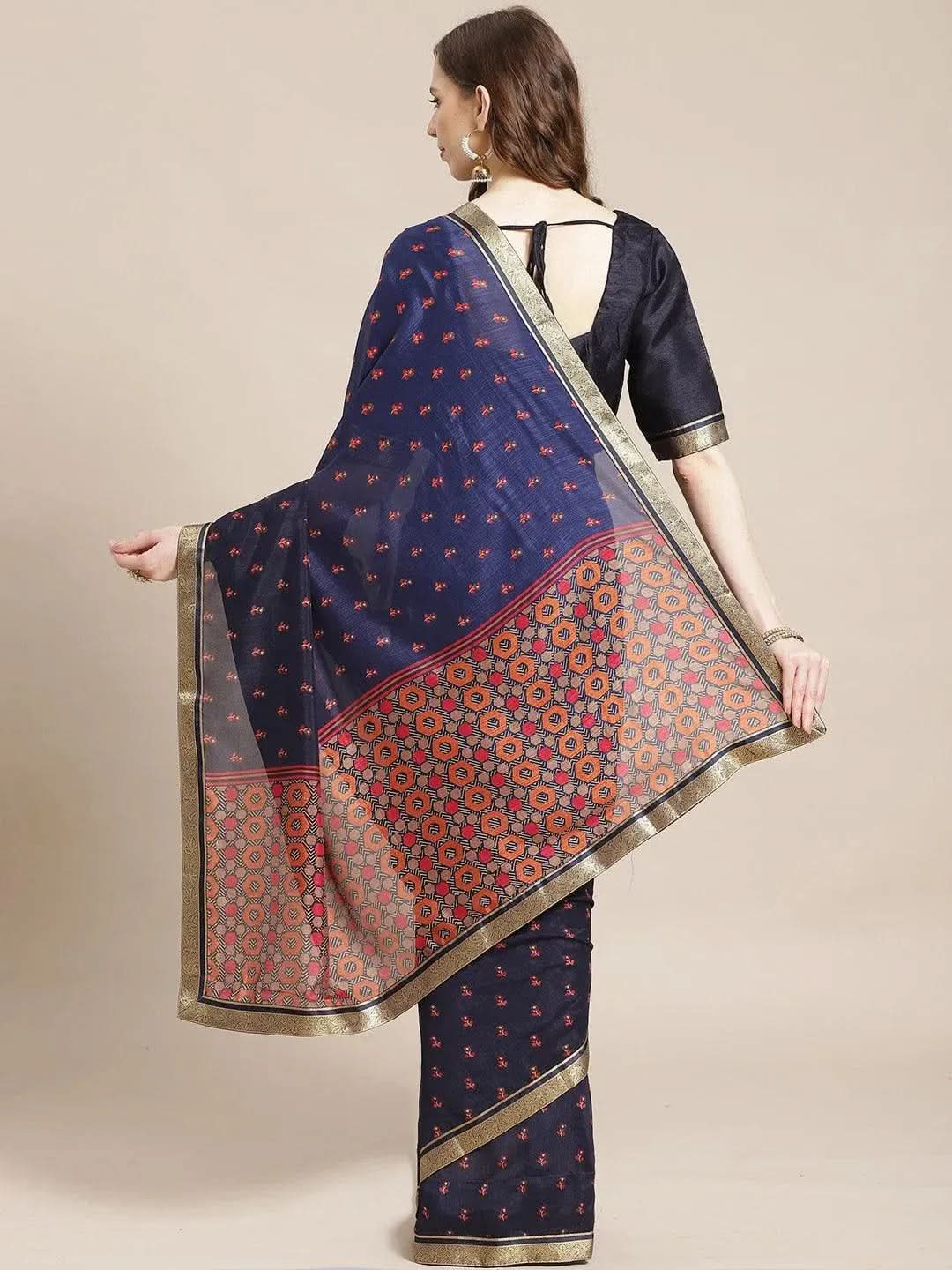 Blue Printed Polyester Saree - Libas