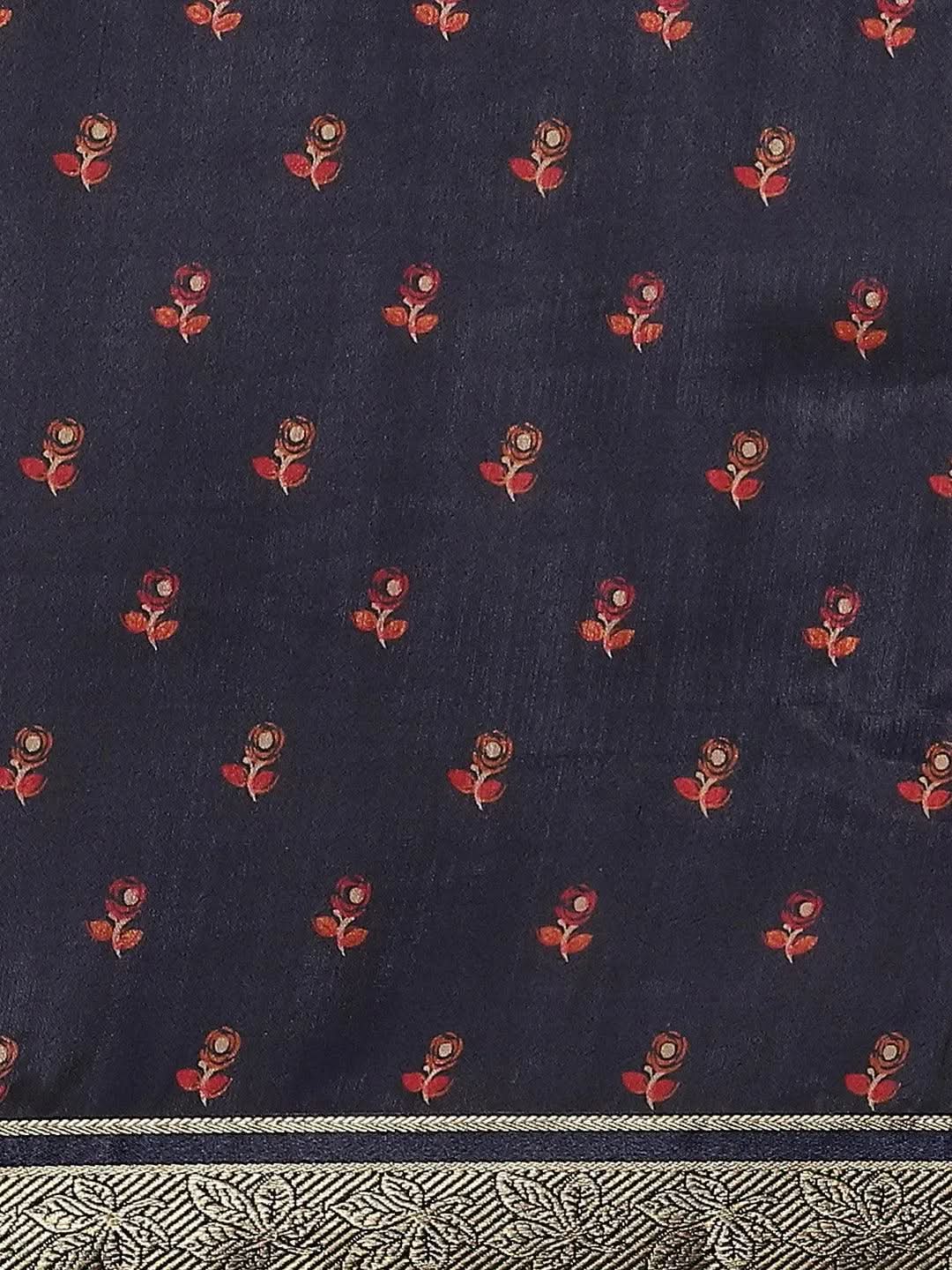 Blue Printed Polyester Saree - Libas