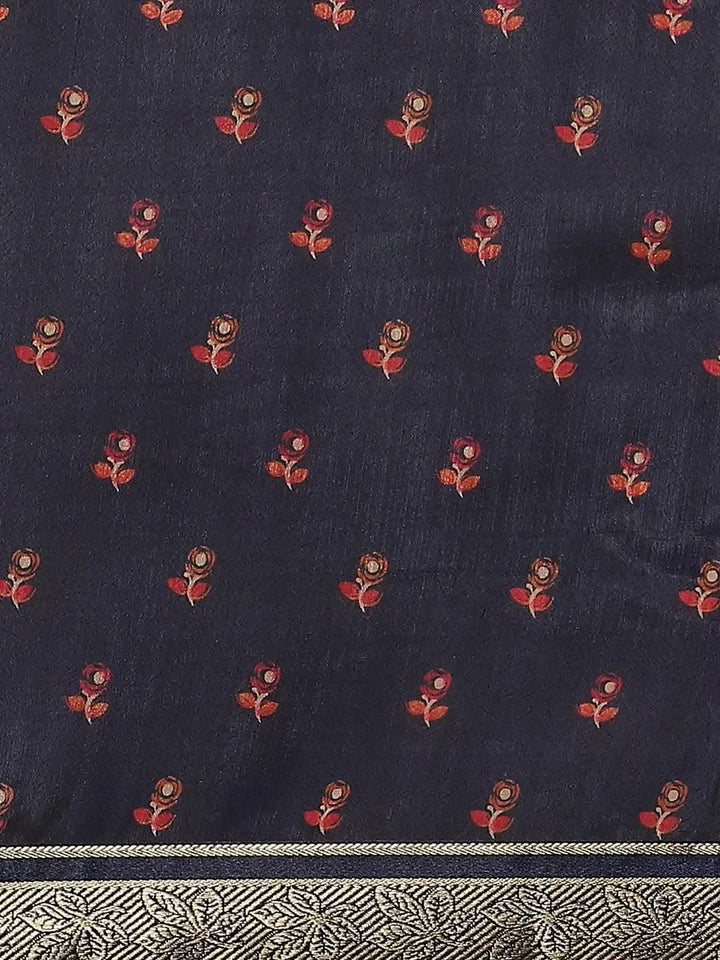 Blue Printed Polyester Saree - Libas