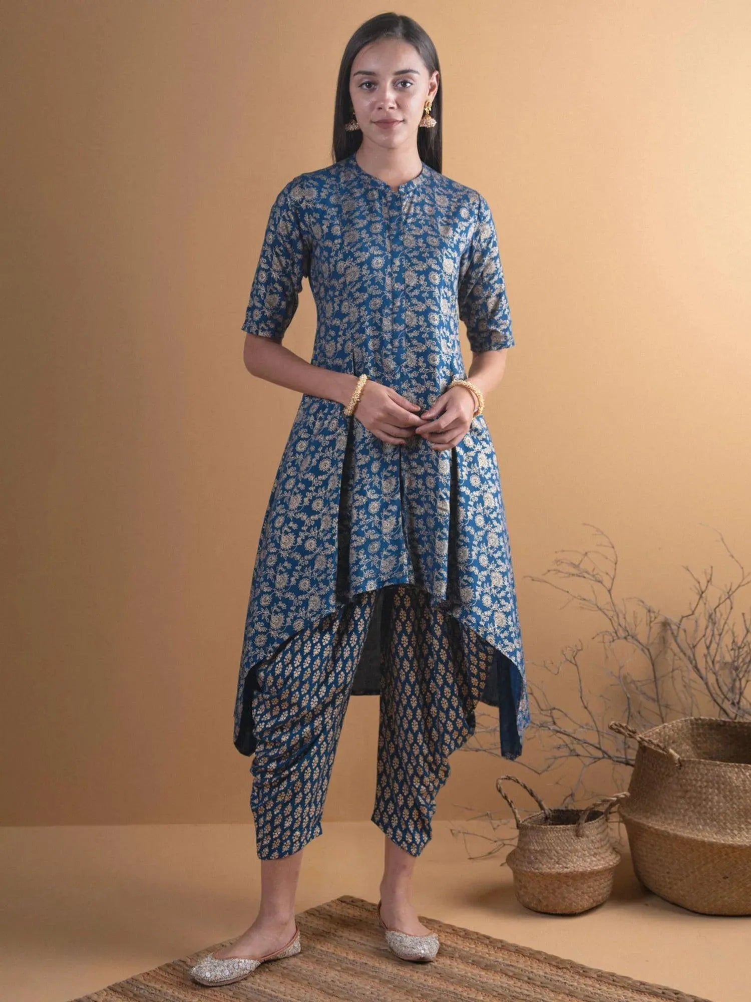 Blue Printed Rayon A-Line Kurta With Salwar 
Blue Printed Rayon A-Line Kurta With Salwar