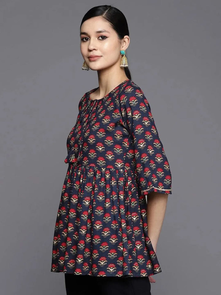 Blue Printed Rayon A-Line Kurti - Libas