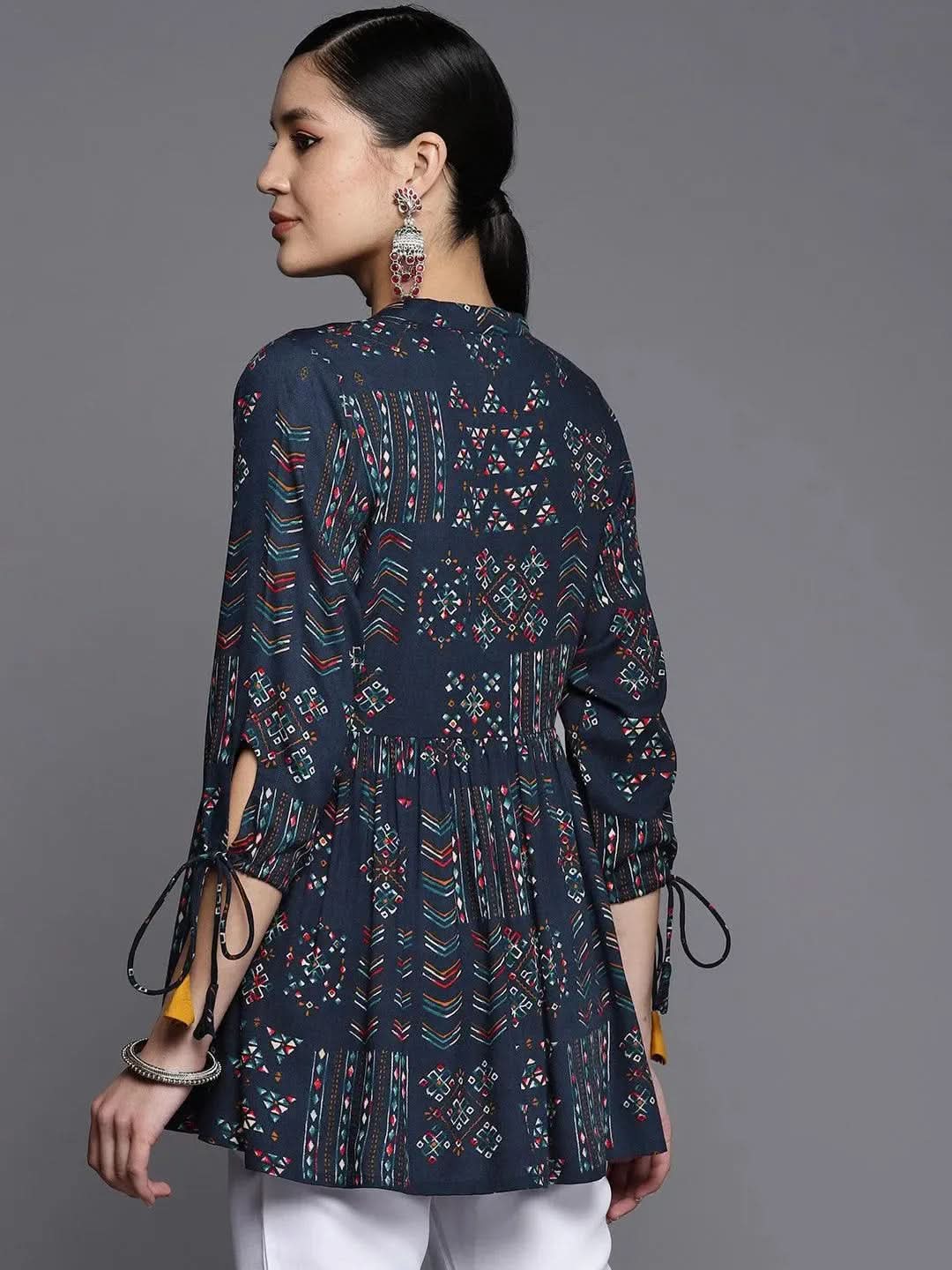 Blue Printed Rayon A-Line Kurti - Libas