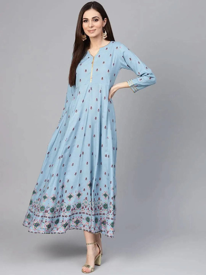Blue Printed Rayon Dress - Libas