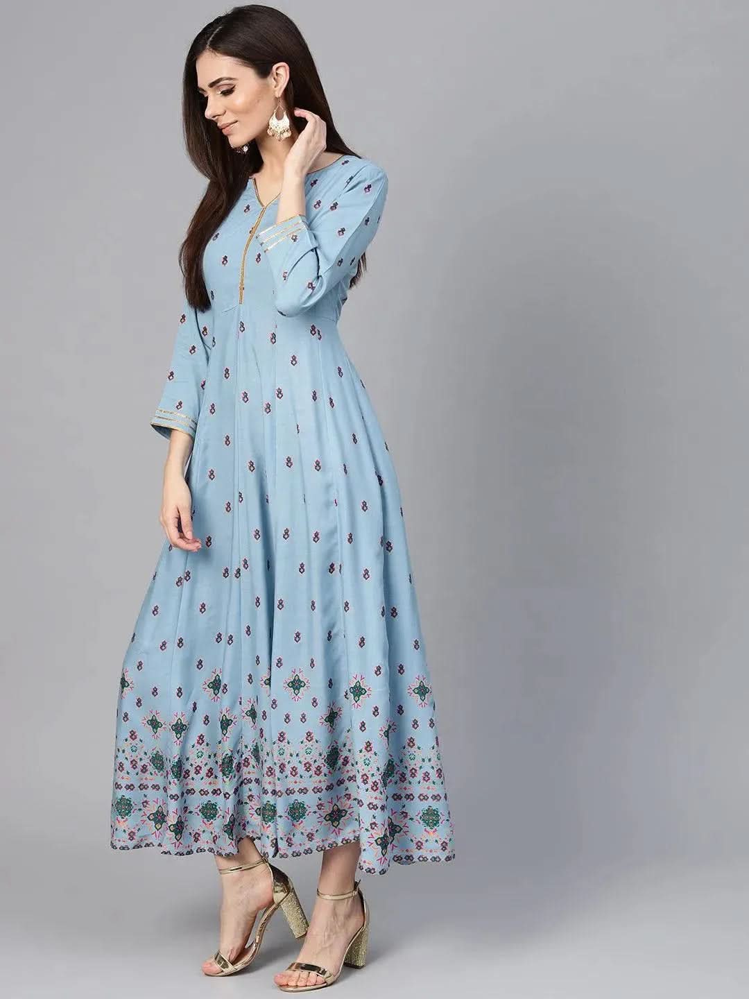 Blue Printed Rayon Dress - Libas