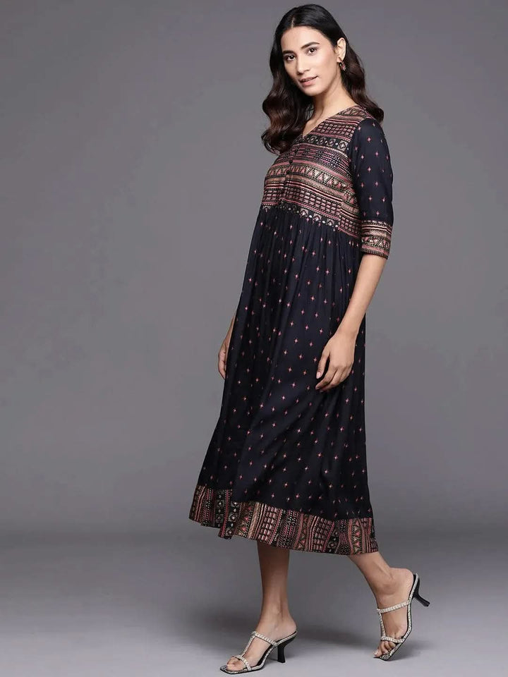 Blue Printed Rayon Dress - Libas
