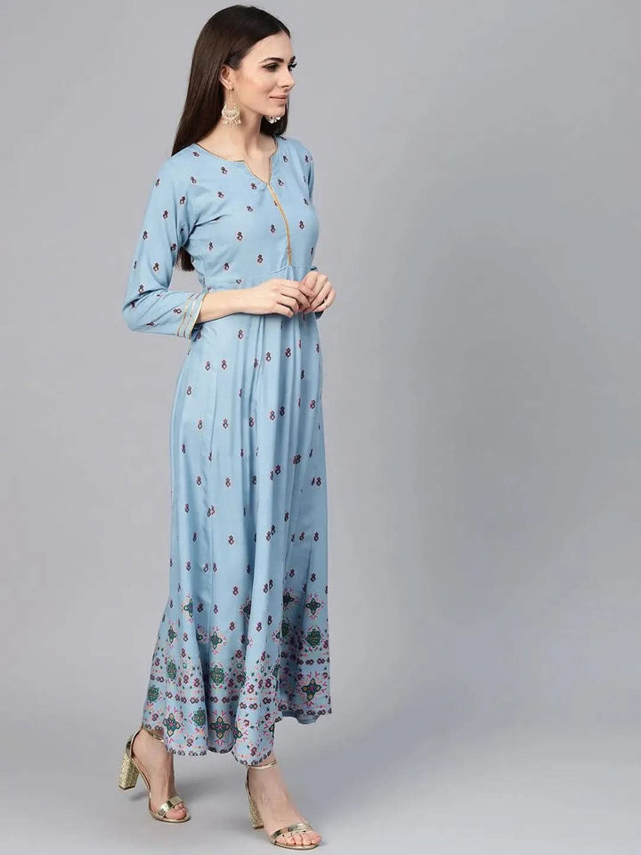 Blue Printed Rayon Dress - Libas