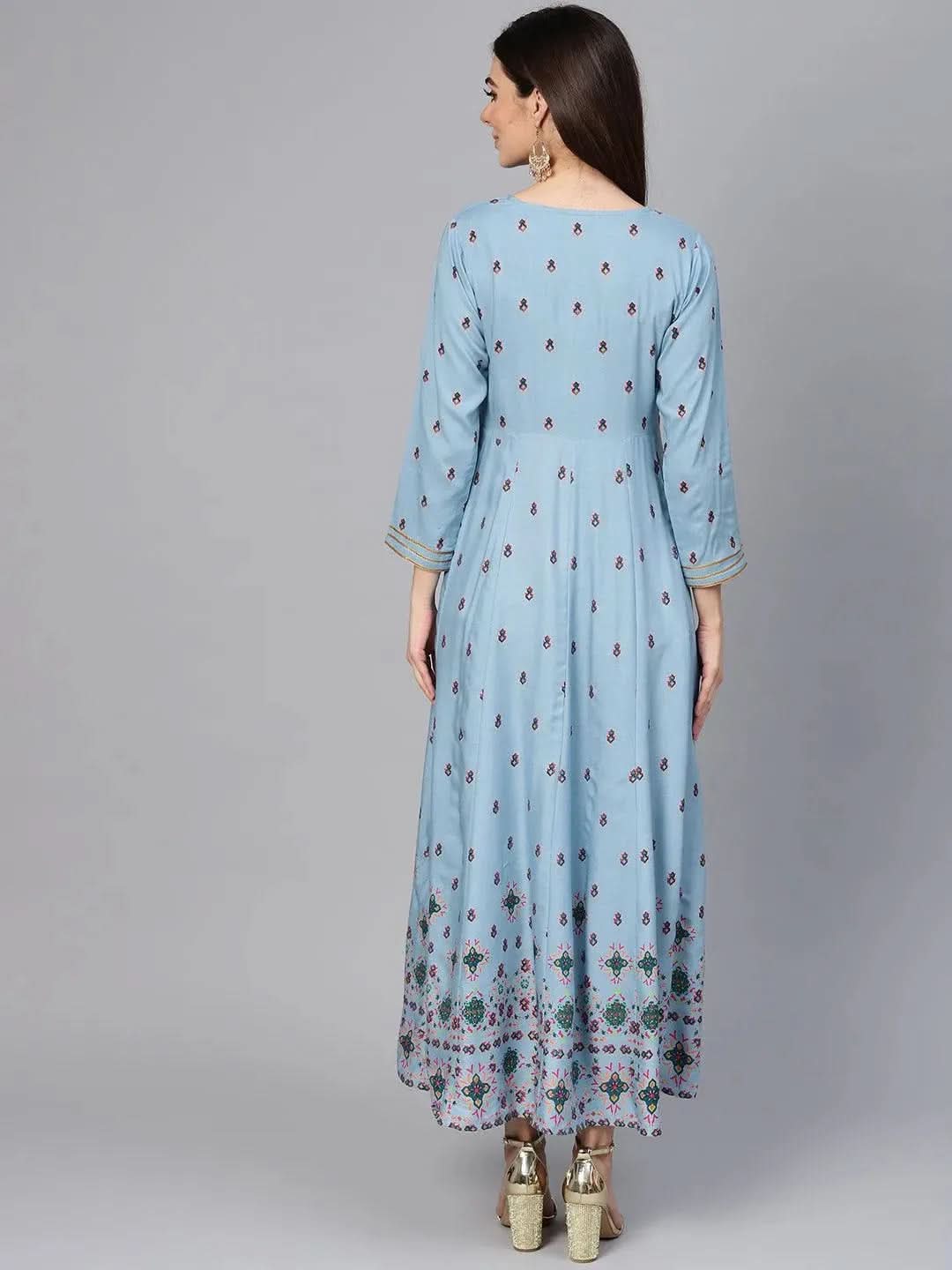 Blue Printed Rayon Dress - Libas
