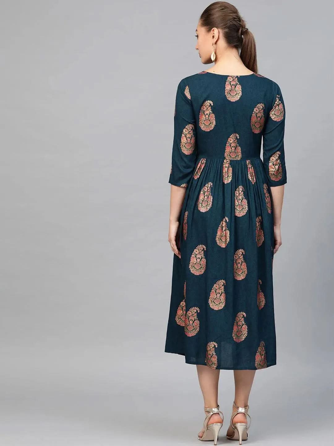 Blue Printed Rayon Dress - Libas