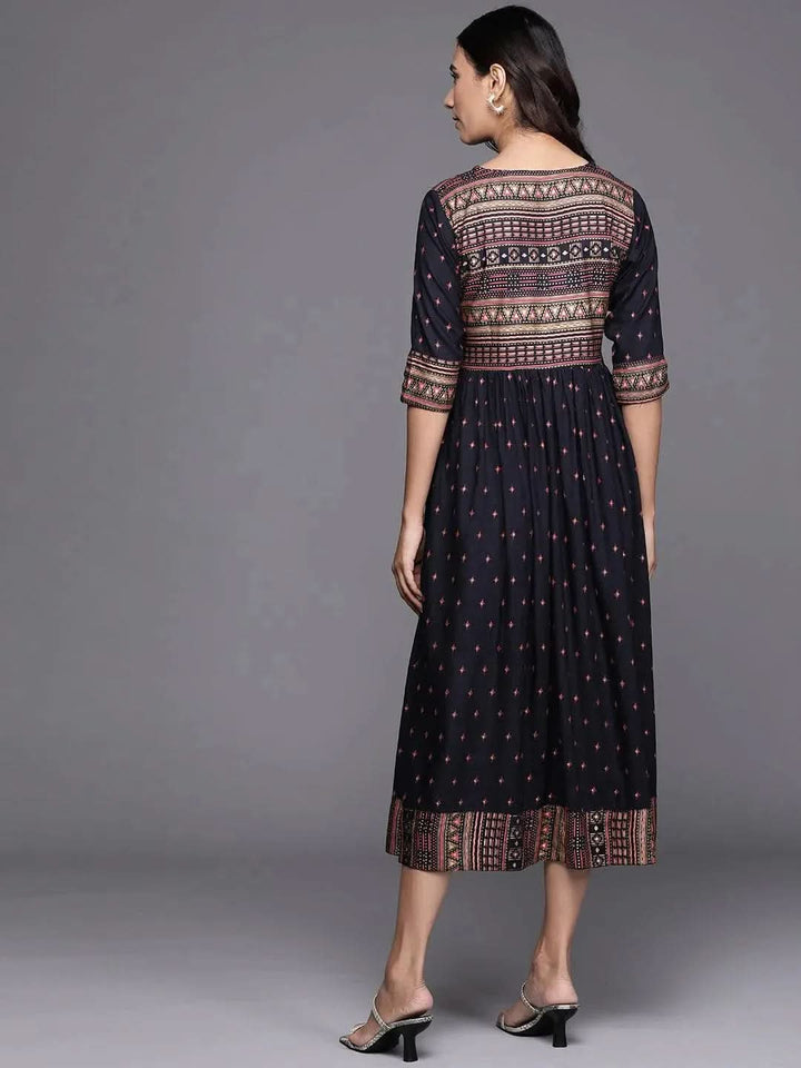 Blue Printed Rayon Dress - Libas