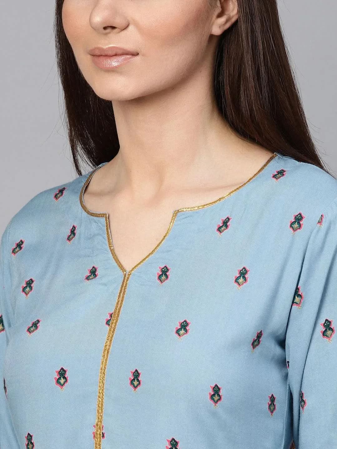 Blue Printed Rayon Dress - Libas
