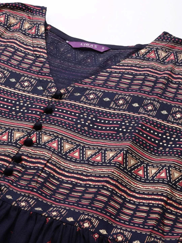 Blue Printed Rayon Dress - Libas