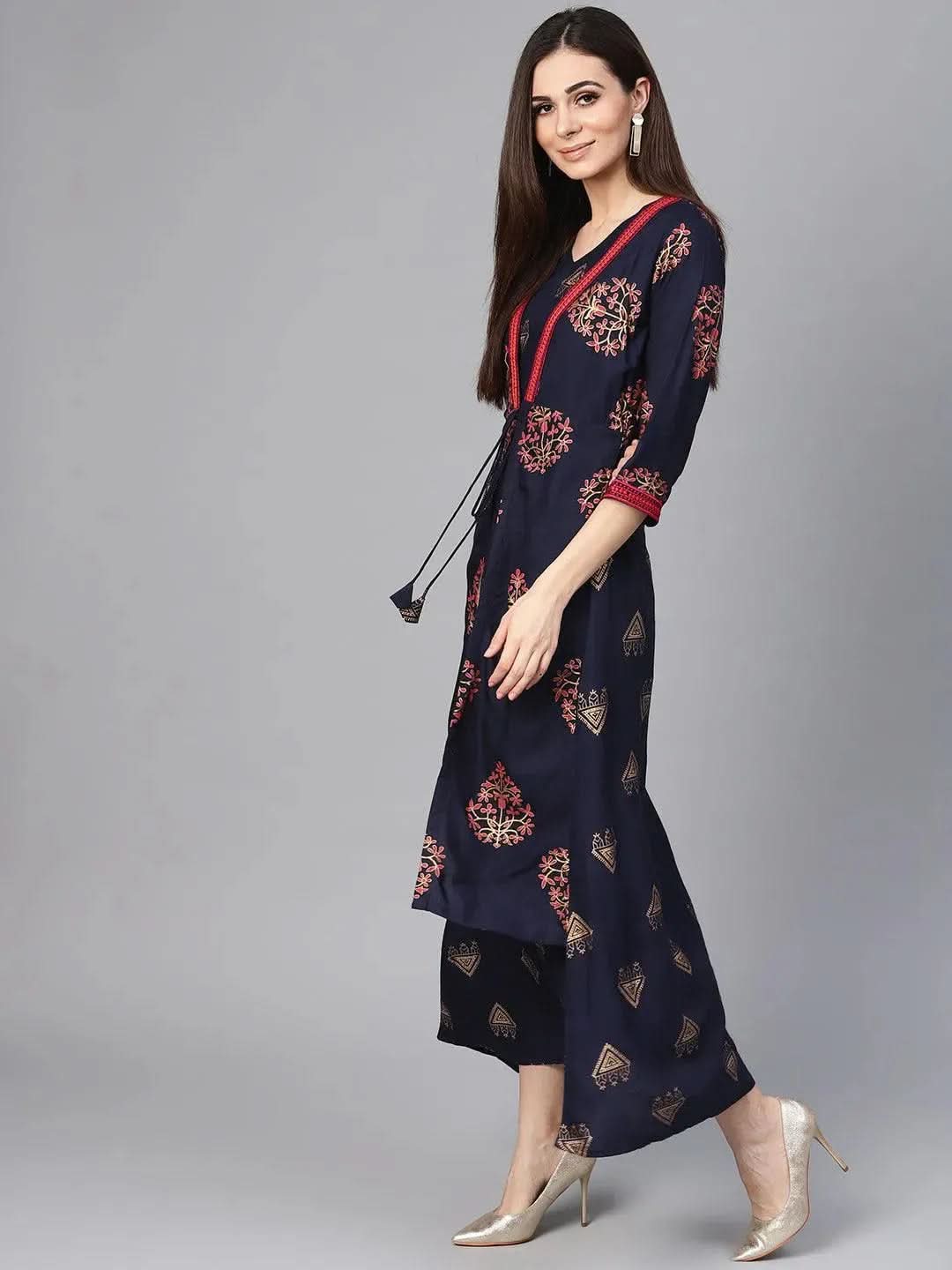Blue Printed Rayon Dress With Jacket - Libas