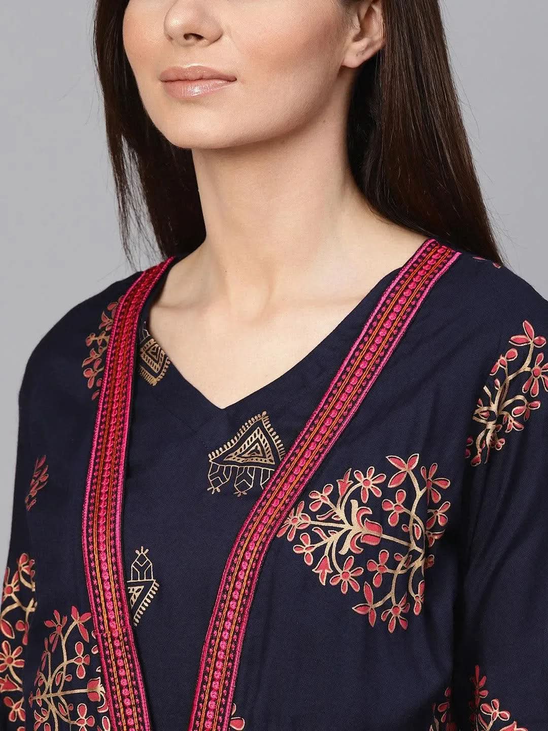 Blue Printed Rayon Dress With Jacket - Libas