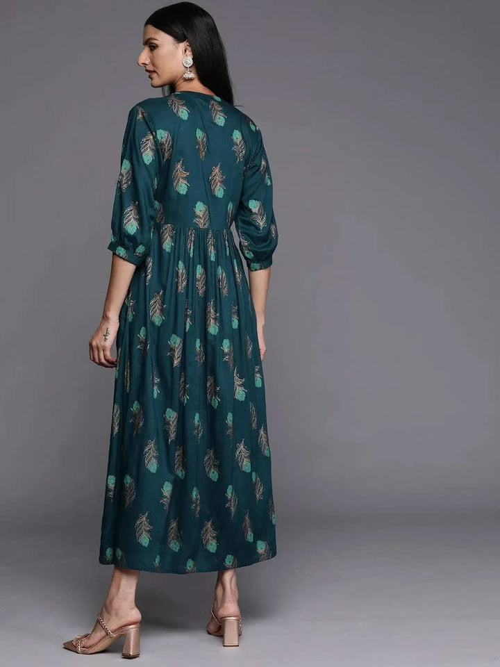 Blue Printed Rayon Fit and Flared Dress - Libas